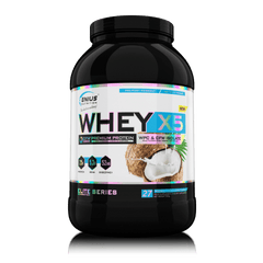 Genius Nutrition WHEY-X5 protein powder in chocolate coconut flavor, 900g jar with scoop on transparent background