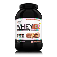 Genius Nutrition WHEY-X5 protein powder in Choco Hazelnut flavor, 900g jar, shown on transparent background