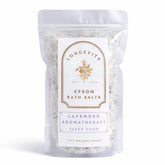 Longevity Lavender Aromatherapy Epsom Bath Salt by AW GIFTS, showing a jar of relaxing lavender bath salts on a white background.