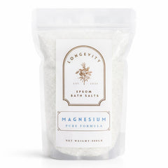Epsom bath salts with magnesium in a clear jar, highlighting the AW GIFTS Longevity Magnesium Epsom Bath Salt pure formula.