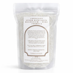 Epsom bath salts in a container, showcasing Longevity Magnesium Epsom Bath Salt by AW GIFTS, with a focus on the pure formula.