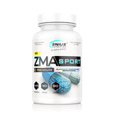 ZMA Sport supplement by Genius Nutrition, 90 capsules, showing the bottle with capsules inside, designed for athletic recovery.