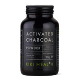 Kiki Health Activated Charcoal Powder supplement in 70g jar, showing black powder inside a clear container.
