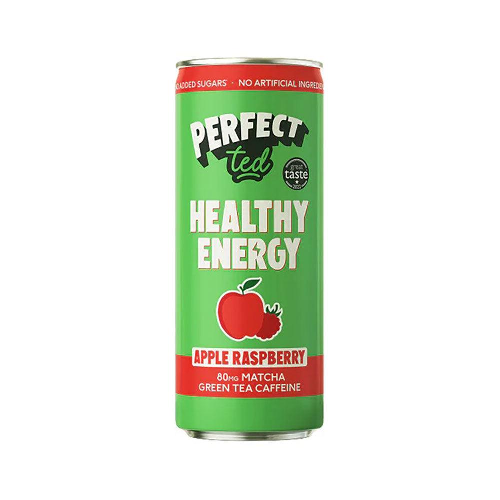 Herbalistas PerfectTed Ceremonial Matcha Energy Drink in 250ml with apple and raspberry flavor, showcasing the beverage in a glass.