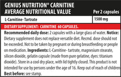 Genius Nutrition Carnitine supplement bottles with 60 capsules, featuring label details and supplement information.
