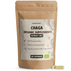 Cupplement Chaga mushroom extract capsules, 400 mg, organic supplement in a bottle with 60 capsules.