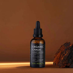 Kiki Health Organic Chaga Extract Tincture bottle from Herbalistas, 50ml supplement with a dark liquid inside a glass bottle.