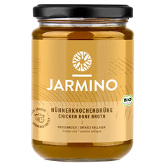 Jarmino organic chicken bone broth jar with a clear glass container, showing the nutrient-rich, collagen-filled broth inside.