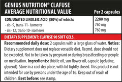 Genius Nutrition CLAFUSE 90 softgels supplement bottle showing the product label and softgel capsules on a white background.