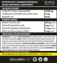 Genius Nutrition Collagen-X5 supplement container with 360g label, showing collagen powder for skin and joint support.