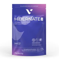 Zinzino Hibernate8 collagen supplement pack with 30 servings, featuring collagen powder for skin and joint health.