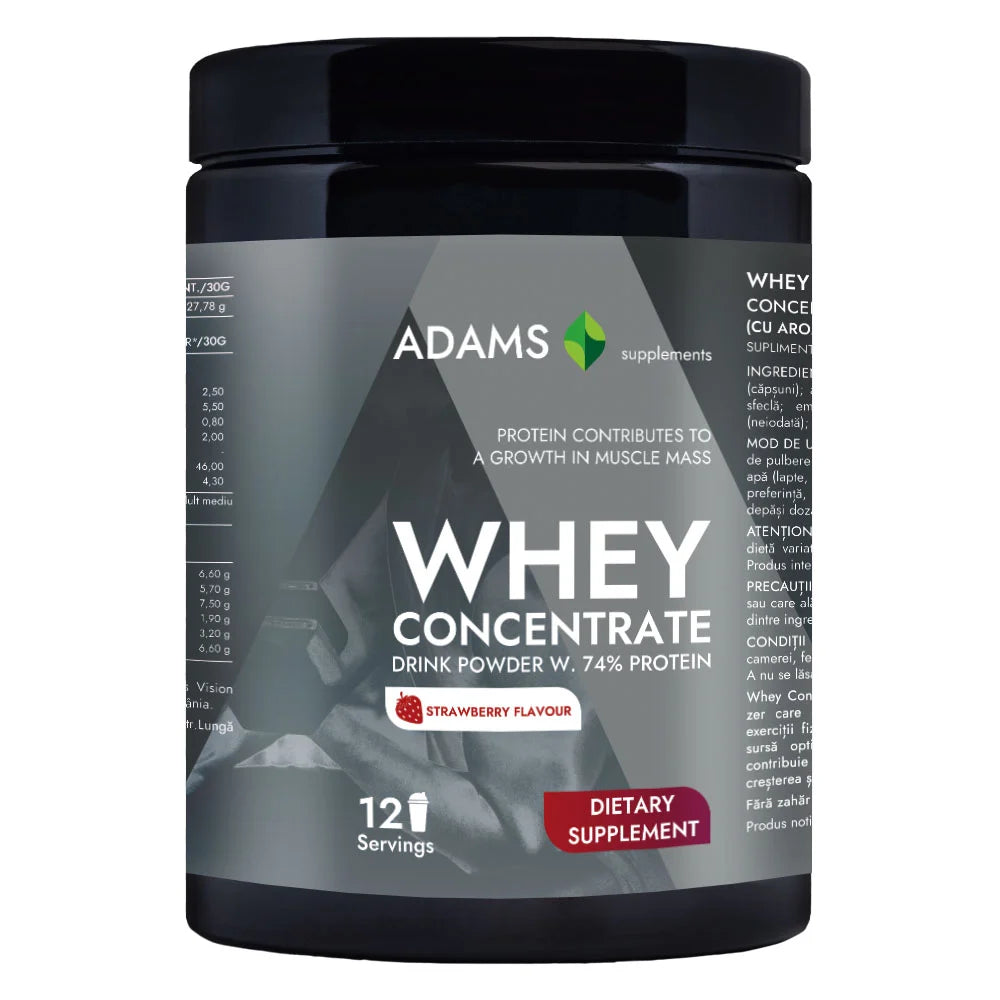 Adams Supplements whey isolate protein in strawberry flavor, 360g container, supplement powder with vibrant strawberry image.