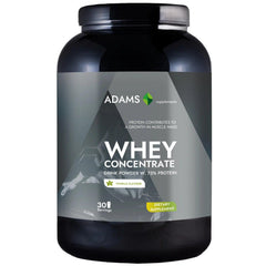 Vanilla-flavored Adams Supplements whey concentrate protein powder in a 908g container, showing the product label and packaging.