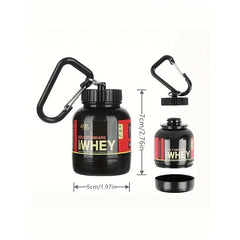 Mini Whey protein container in 100ml size from TEMU, showing a compact, clear plastic storage container for supplements.