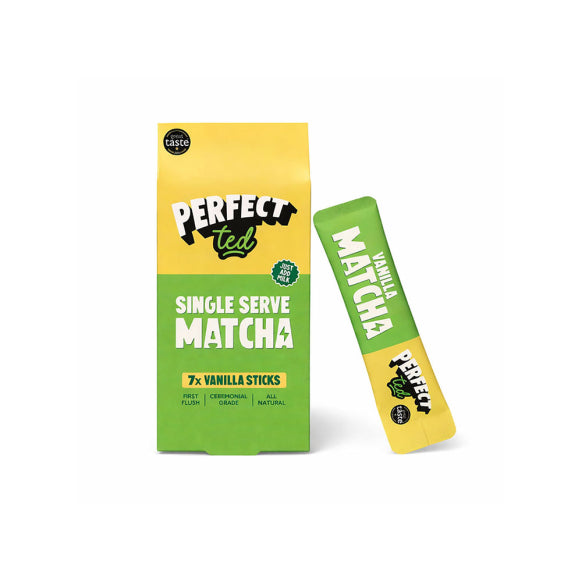 Herbalistas PerfectTed ceremonial grade vanilla matcha powder sticks, single serve packet with green matcha and vanilla flavor.