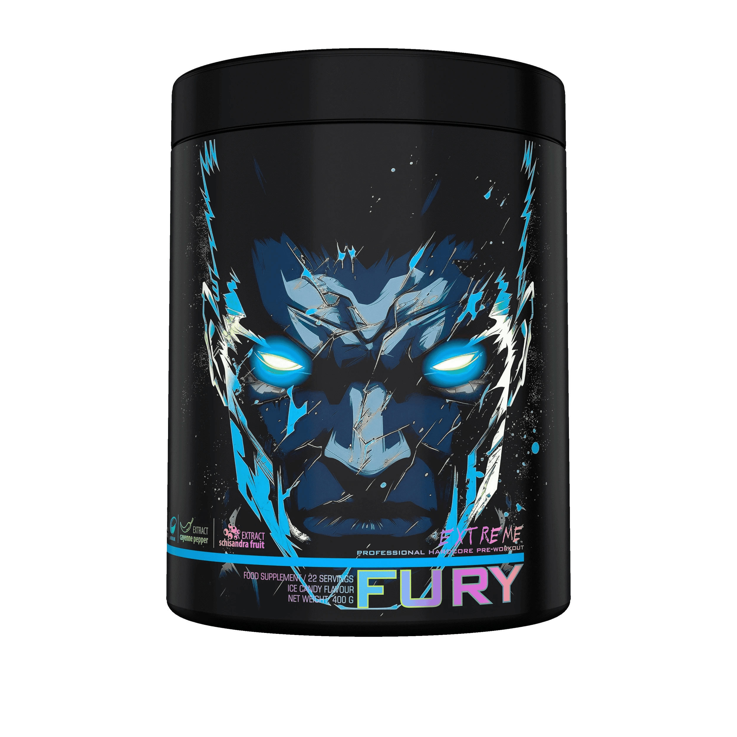 Fury Extreme Genius Nutrition energy supplement in 400g container, featuring vibrant packaging and product label.