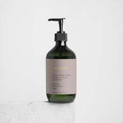 SELNAME Longevity Hand & Body Wash with Ginger and Smoky Cardamom in 490ml bottle, showing the scented liquid and packaging.