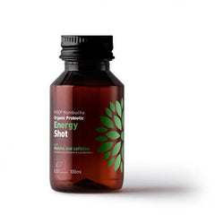 Herbalistas Vigo Kombucha Energy Shot 100ml in a clear glass bottle, showcasing vibrant tea infusion for natural energy boost.
