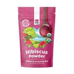 Organic hibiscus powder in a 200g package from ILOVE ME, showing vibrant red hibiscus flowers and the product packaging.