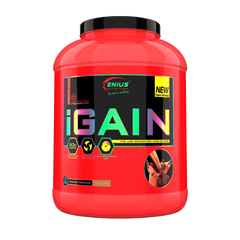 Genius Nutrition IGAIN 2750g chocolate protein powder, mass gainer supplement, in large 22-serving container.