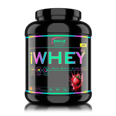 Genius Nutrition iWHEY protein powder in a 2000g container with strawberry flavor, showing the label and packaging.
