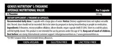 Genius Nutrition L-Theanine supplement bottle with 60 capsules, designed to promote relaxation and mental clarity.