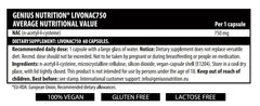 Genius Nutrition LIVONAC750 supplement bottle with 60 capsules, dietary supplement for health and wellness in a white bottle