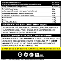 Genius Nutrition Super Greens superfood powder in 300g package, vibrant green powder in a resealable bag.