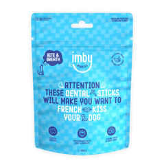 IMBY Dental Sticks for dogs, 100g package, showing crunchy dental treats designed to promote oral health in pets.