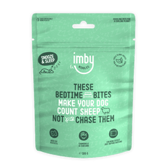 IMBY Snooze & Sleep dog supplement in 100g package, designed to support restful sleep for dogs.