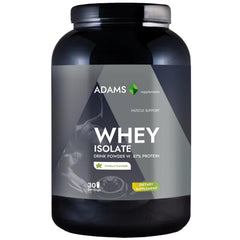 Vanilla whey isolate protein powder from Adams Supplements in a 908g container, showcasing the product packaging.