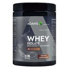 Adams Supplements whey isolate protein in chocolate flavor, 360g container, showing the supplement powder and label.