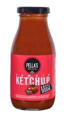 Pella's Delicacies Tomato Ketchup bottle with no added sugar, 290g, featuring a red label and squeeze bottle design.