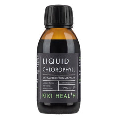 Kiki Health Liquid Chlorophyll supplement in a 125ml bottle, with a green liquid inside, designed for health and wellness.