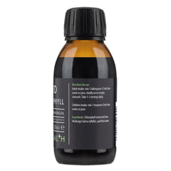 Liquid chlorophyll supplement by Kiki Health in a 125ml bottle, showing the herbal supplement container with label details.