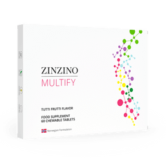 Zinzino Multify supplement bottle with 60 tablets, showing the product label and cap, designed to support overall health and wellness.