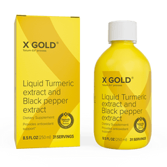 Zinzino X Gold supplement bottle, 250 ml, showing the label and product packaging for health and wellness support.