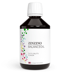 Zinzino BalanceOil Tutti Frutti bottle featuring Omega 3 supplement in a 300 ml container with colorful label design.