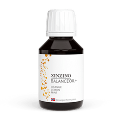 Zinzino BalanceOil+ Omega 3 in orange lemon mint flavor, 100 ml bottle with a natural lemon and mint citrus design.