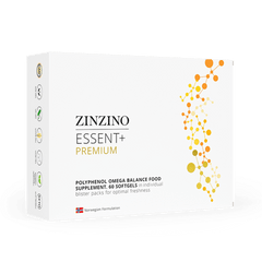 Zinzino Essent+ Premium Omega 3 softgels in a bottle, dietary supplement for healthy heart and brain support.