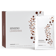 Zinzino LeanShake chocolate protein powder pack with 16 individual 30g servings, ideal for nutritious meal replacement.