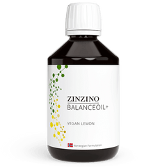 Zinzino BalanceOil+ Vegan Lemon bottle, 300ml, omega-3 supplement with lemon flavor in a clear bottle with yellow cap.