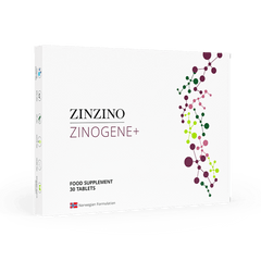 Zinzino ZinoGene+ supplement bottle with 30 tablets, natural health supplement for supporting wellness and immune health.