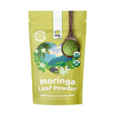 Organic Moringa powder supplement in a 200g package by Herbalistas, showcasing the vibrant green powder in a natural setting.