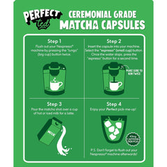 Herbalistas PerfectTed ceremonial grade matcha in Nespresso-compatible capsules, showcasing green matcha powder capsules on a neutral background.