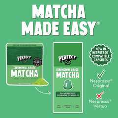 Herbalistas PerfectTed ceremonial grade matcha in 10 Nespresso-compatible capsules, vibrant green powder in sleek capsule packaging.