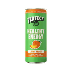 Herbalistas PerfectTed Ceremonial Matcha Energy Drink in Juicy Peach flavor, 250ml, with vibrant peach and green tea imagery.