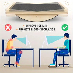 Wooden balance board by TEMU for improving posture and stability, shown in a person balancing on the accessory.