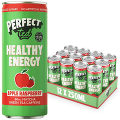Herbalistas PerfectTed Ceremonial Matcha Energy Drink in 250ml can with apple and raspberry flavor, vibrant beverage imagery