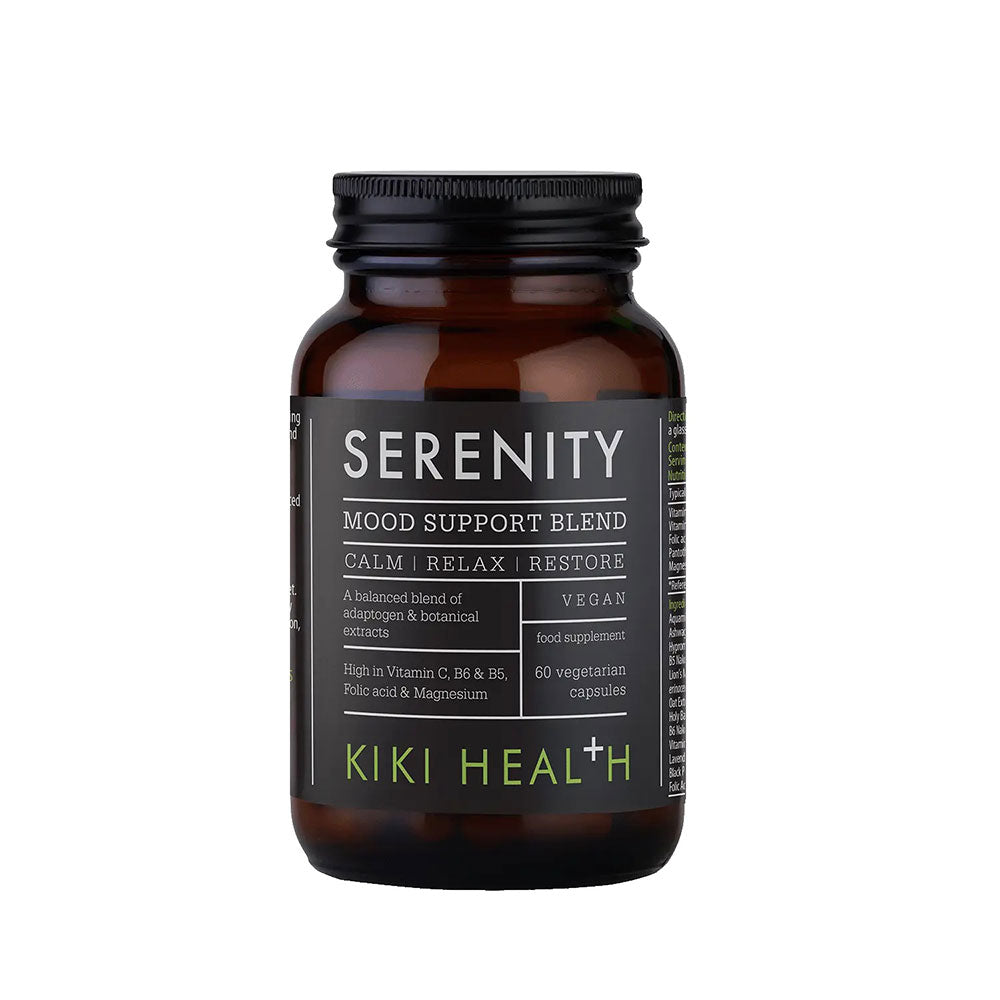 Kiki Health Serenity Mood Support Blend in 60 vegan capsules, herbal supplement for relaxation and stress relief.
